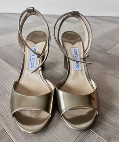 Jimmy Choo Miranda 85 Gold Metallic Block Heels Size 37 - Box Inc.