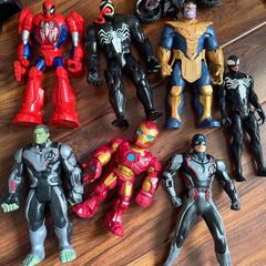 Great bundle of Marvel superhero toys including Spider-Man, Venom, Thanos, Hulk, Iron Man and Captain America, plus Spider-Man motorbike.  Various large and smaller action figures included as pictured