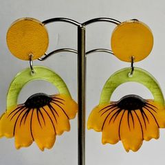 Open Arch Upside Down Yellow Sunflower Drop Earrings