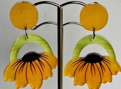Open Arch Upside Down Yellow Sunflower Drop Earrings
