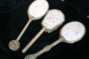 Vintage Vanity Brush set,2 Mirrors and Brush 3 pices ,Embroid Floral gold filigree dressing Vanity