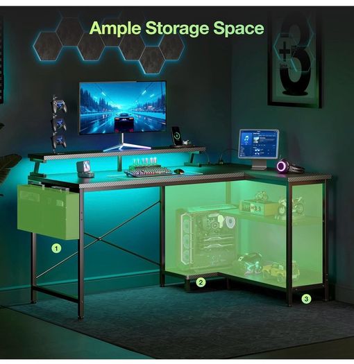 L Shaped Gaming Desk with LED Lights, 100 x 70 cm