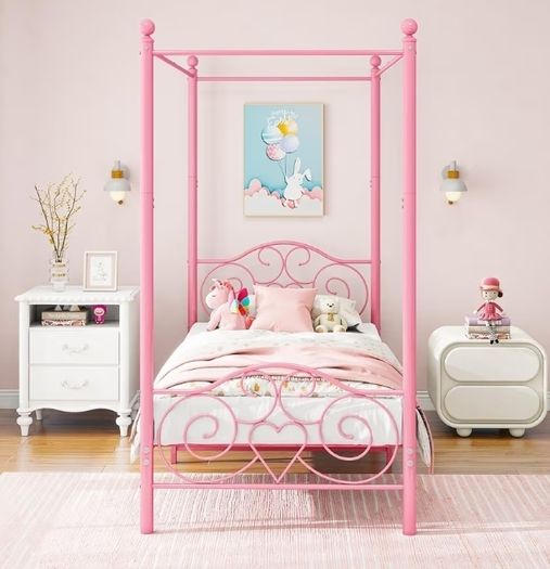 Single Canopy Bed Frame Platform, 90x190cm Single Size Bed Frame with Vintage Headboard and Footboard, Heavy Duty Steel Slats and Support with Mattress Foundation,Pink