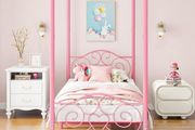 Single Canopy Bed Frame Platform, 90x190cm Single Size Bed Frame with Vintage Headboard and Footboard, Heavy Duty Steel Slats and Support with Mattress Foundation,Pink