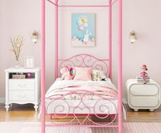 Single Canopy Bed Frame Platform, 90x190cm Single Size Bed Frame with Vintage Headboard and Footboard, Heavy Duty Steel Slats and Support with Mattress Foundation,Pink
