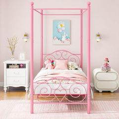 Single Canopy Bed Frame Platform, 90x190cm Single Size Bed Frame with Vintage Headboard and Footboard, Heavy Duty Steel Slats and Support with Mattress Foundation,Pink