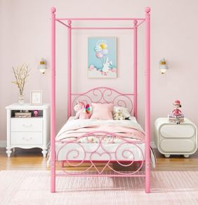 Single Canopy Bed Frame Platform, 90x190cm Single Size Bed Frame with Vintage Headboard and Footboard, Heavy Duty Steel Slats and Support with Mattress Foundation,Pink