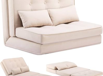 Folding Sofa Bed, Convertible Sleeper Chair with Pillows, Fold Out Chair Bed & Fabric Floor Couch, Foldable Mattress with Adjustable Backrest for Living Room, Guest Room, Dorm, Beige