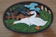 Vintage French cast iron hand painted geese trivet
