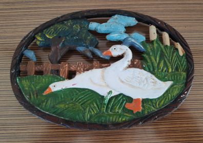 Vintage French cast iron hand painted geese trivet