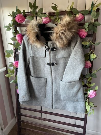 jacket Zara grey wool hooded jacket with fur medium