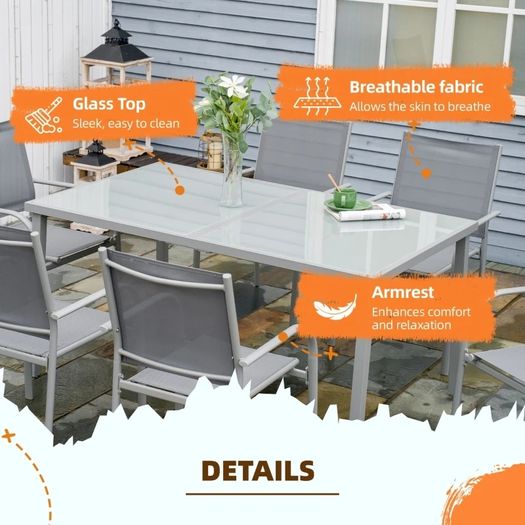 7 Piece Garden Dining Set - Outdoor Table and 6 Stackable Chairs with Steel Frame, Tempered Glass Top Table, and Mesh Seats, Grey