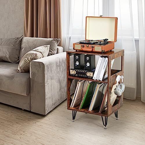 Rustic Record Player Stand, End Table with Record Storage, Vinyl Record Storage Cabinet Holder with Metal Legs, Turntable Stand Record Player Cabinet for Living Room, Bedroom, Holds 160 Albums