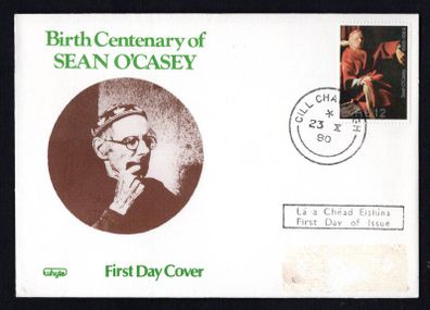 1980 Ireland Birth Centenary of Sean O'Casey Commemorative Stamp Illustrated Whytes First Day Cover (FDC) with Cill Chainnigh (Kilkenny) steele cancel