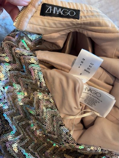 Zhivago One Shoulder Sequin Mini Dress AU 8 UK 8 In Champagne Gold Zig Zag Party Dress.