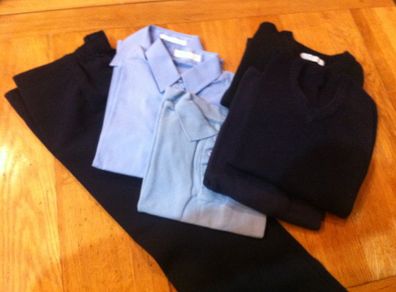 Boys blue school uniform, trousers, 2 shirts, 2 jumpers. Age 4-5.