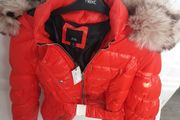 ladies belted jacket with detachable fur hood