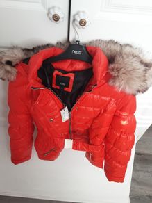 ladies belted jacket with detachable fur hood