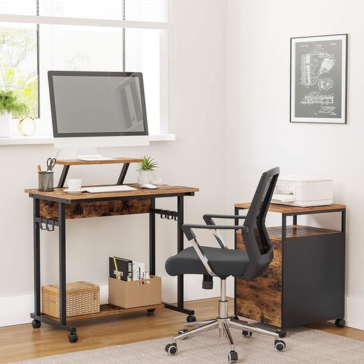 Computer Desk with Wheels with Monitor Attachment 6 Hooks 80 x 50 x 90 cm Industrial Design Vintage Brown/Black