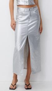 knee length silver skirt