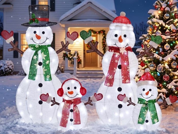 48 in 4-Piece 2D Lighted Snowman Family Outdoor Christmas Decorations, 100 LED Yard Display with Stakes and Zip Ties for Lawn, Porch, Garden and Indoor Holiday Decor