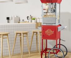 Popcorn Maker with Cart, 850W Popcorn Popper Machine, 8 Oz Kettle Makes 48 Cups per Batch, Popcorn Maker Equipped with Tempered Glass, Includes 4 Scoops, Movie Theater Style, Red
