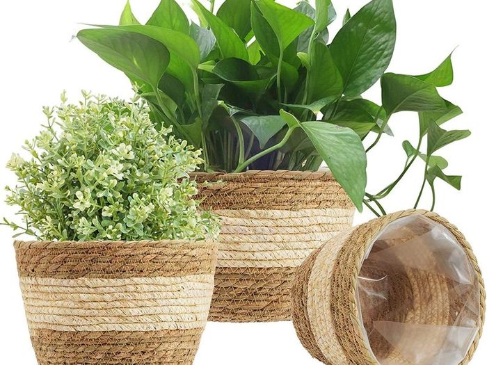 3Pcs Seagrass Planter Basket, 3 Size Woven Plant Pot Indoor Outdoor - Flower Pots Cover Storage Basket Plant Containers for Home Decor (Beige)