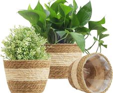 3Pcs Seagrass Planter Basket, 3 Size Woven Plant Pot Indoor Outdoor - Flower Pots Cover Storage Basket Plant Containers for Home Decor (Beige)