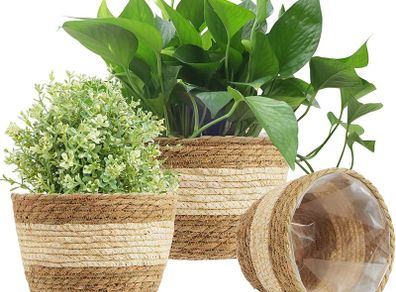 3Pcs Seagrass Planter Basket, 3 Size Woven Plant Pot Indoor Outdoor - Flower Pots Cover Storage Basket Plant Containers for Home Decor (Beige)