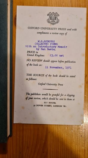 Poems Of W. R. Rodgers. First Edition.  Was Sent By Oxford University Press To Be Reviewed. See Letters.   In Good Condition.
