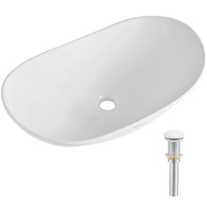White Oval Ceramic Vessel Sink, 23.3 x 14.2 Inch Modern Countertop Bathroom Basin