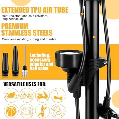 Bike Pump with Pressure Gauge, Bicycle Floor Pump Portable Bike Tyre Pump Stand Pump 160PSI/11Bar High Pressure Bike Air Pump with Presta, Schrader Valves for all Bikes, Road Mountain Bikes & Balls