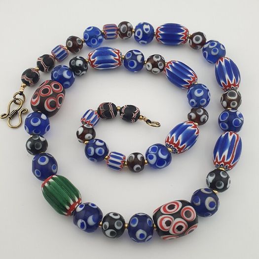Vintage Venetian Style Mix Thousand Eyes & Chevron Glass Beads Necklace