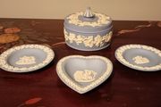 Set of Vintage Wedgwood Blue Jasperware Round Trinket Box and 3 x Small Plates