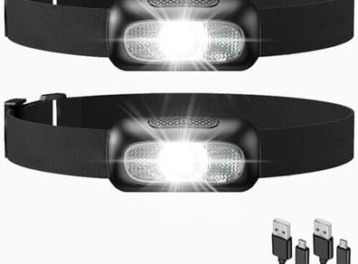 Rechargeable Head Torch 2 Pack, 5 Modes Bright LED Headlamp with Red Light, Lightweight Waterproof Hands-Free Head Torch for Camping, Running, Hiking, Adjustable Headband for Adults, Kids