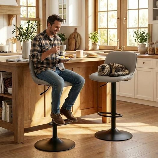 Bar Stools Set of 2 Modern Breakfast Barstools, Adjustable Swivel Counter Height Bar Chairs Faux Leather Upholstered Counter Stools with Hollow Back for Kitchen Island, Grey