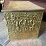 Ornate Brass Fireside Coal Box Embossed Tavern Scene Image 5