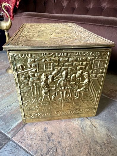 Ornate Brass Fireside Coal Box Embossed Tavern Scene