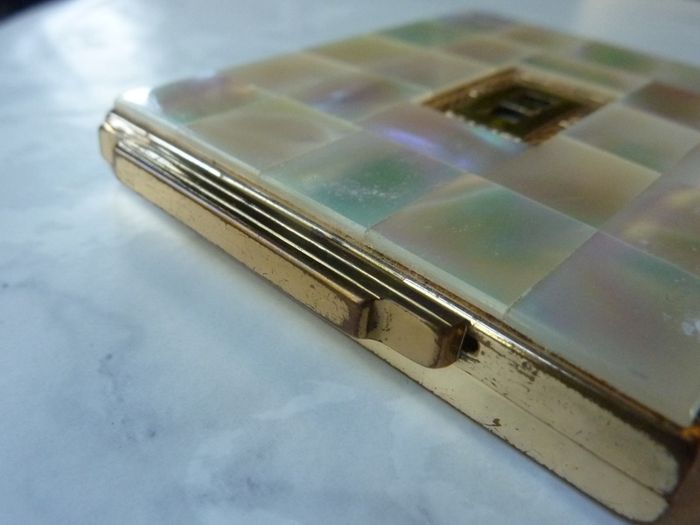Rare and Genuine Art Deco AGME Switzerland Gold Tone Mother of Pearl Compact with Adjustable Initials