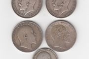 G.B. 4 x 2/-, Floirin, &amp; 1 x Shilling 92.5% Silver Coins (1 holed)  ( no. G37)