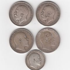 G.B. 4 x 2/-, Floirin, & 1 x Shilling 92.5% Silver Coins (1 holed)  ( no. G37)