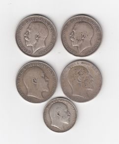 G.B. 4 x 2/-, Floirin, & 1 x Shilling 92.5% Silver Coins (1 holed)  ( no. G37)