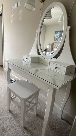 Elegant White Dressing Table with Oval Mirror & Stool