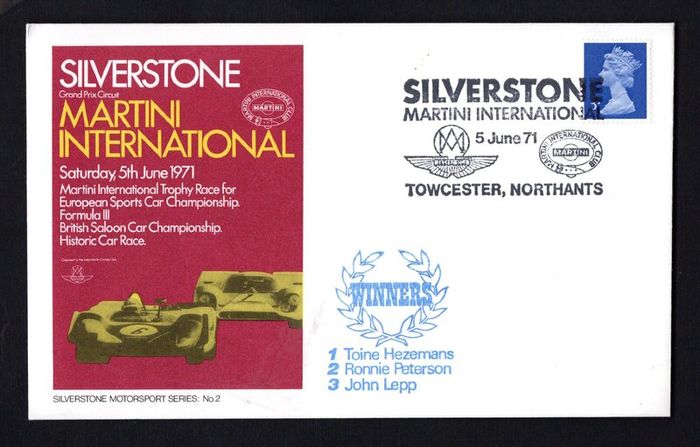 1971 Great Britain cover marking the Martini International Trophy Race for European Sports Car Championship Formula III British Car Championship Historic Car Race tying 3p definitive stamp