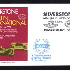 1971 Great Britain cover marking the Martini International Trophy Race for European Sports Car Championship Formula III British Car Championship Historic Car Race tying 3p definitive stamp