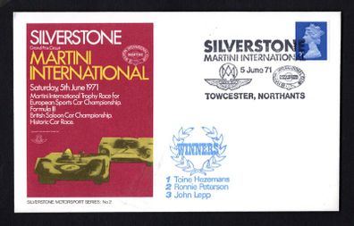 1971 Great Britain cover marking the Martini International Trophy Race for European Sports Car Championship Formula III British Car Championship Historic Car Race tying 3p definitive stamp