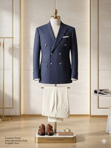 Navy Pinstripe Double-Breasted Suit | Cream Trousers | Peak Lapel Set