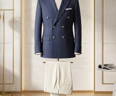 Navy Pinstripe Double-Breasted Suit | Cream Trousers | Peak Lapel Set