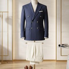Navy Pinstripe Double-Breasted Suit | Cream Trousers | Peak Lapel Set