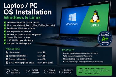 Windows & Linux Installation for Laptops / PCs Ubuntu, Mint, Windows Reinstall